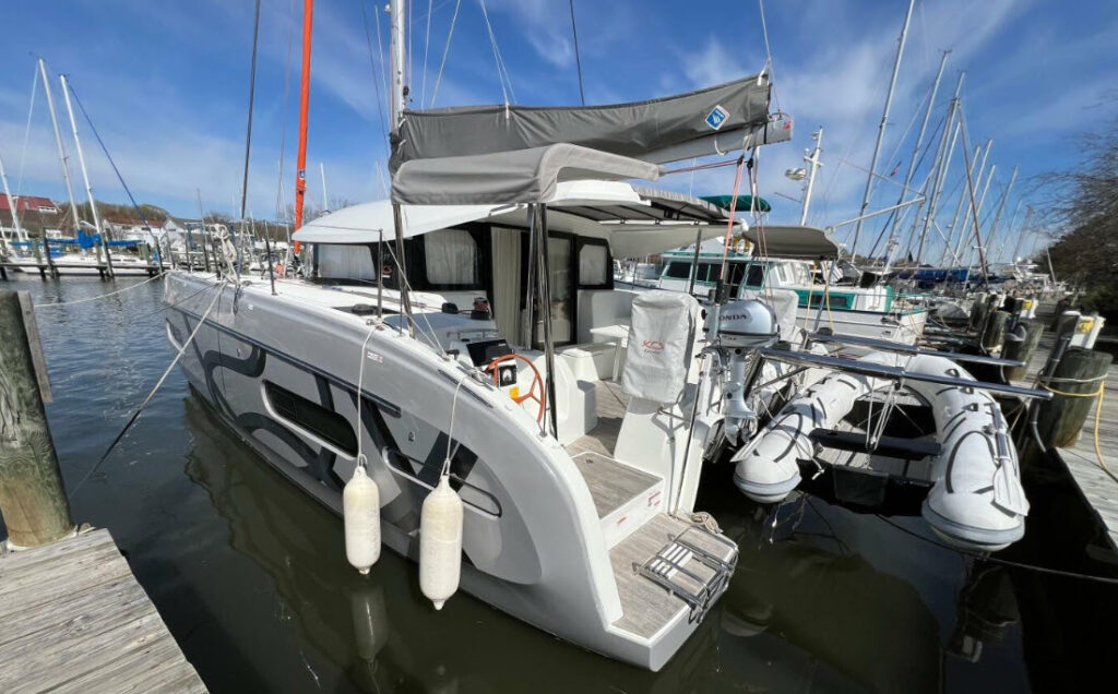 Sailing catamaran docked in chesapeake bay marina